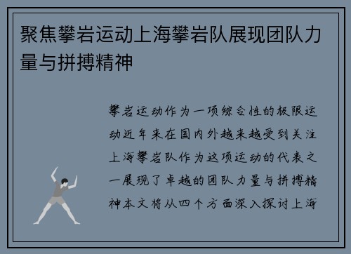 聚焦攀岩运动上海攀岩队展现团队力量与拼搏精神